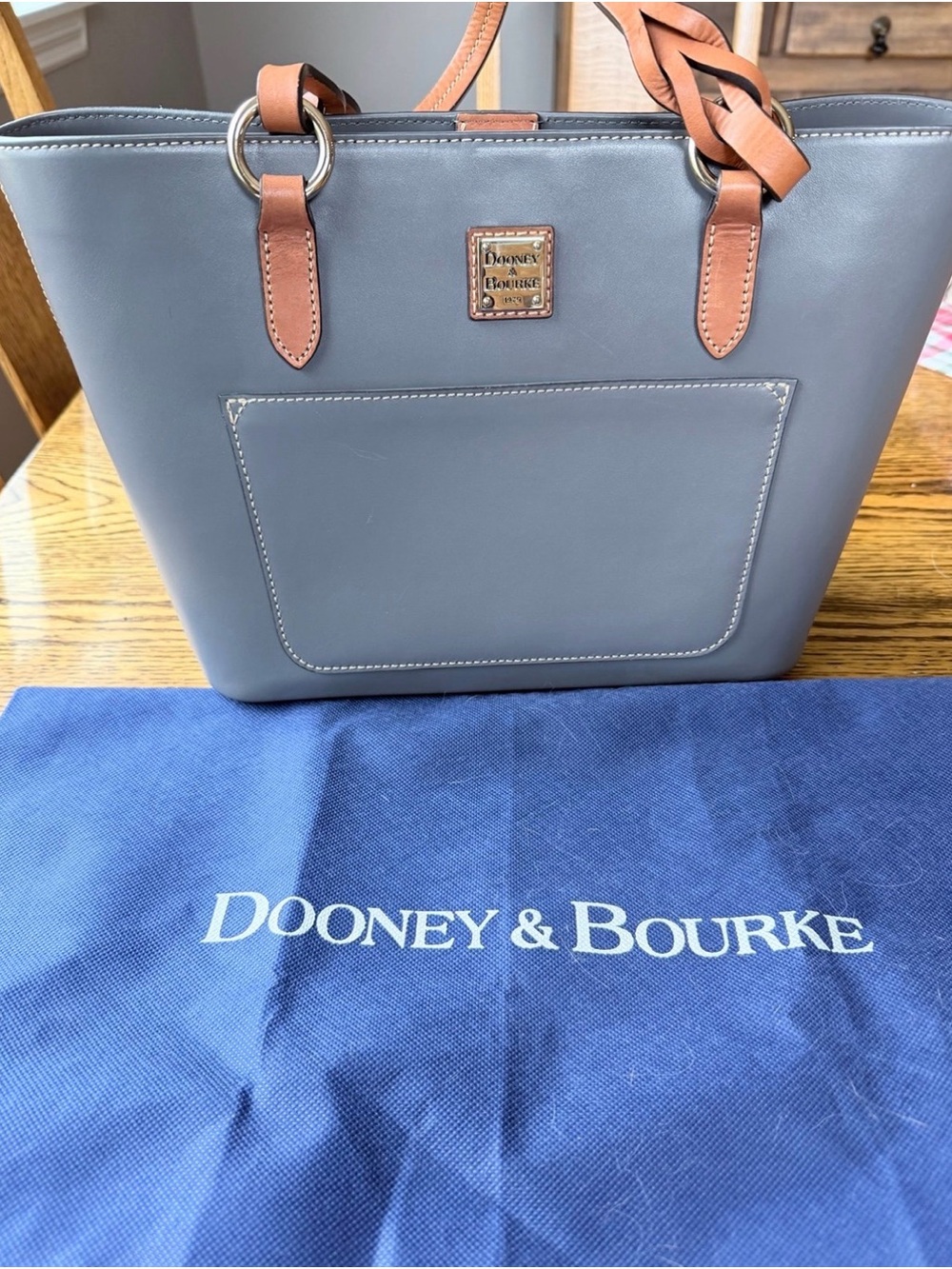 Dooney & Bourke Gray Leather Tote with Tan Trim